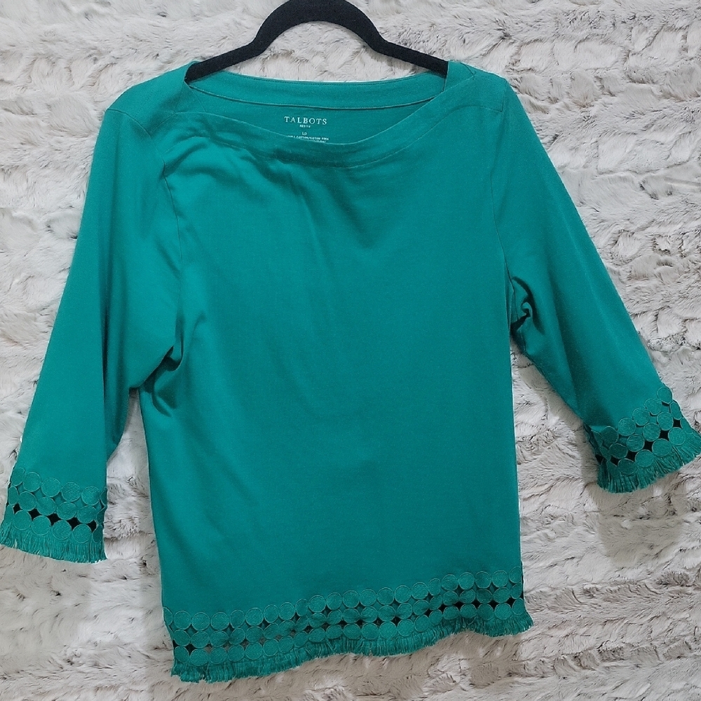 Talbots Pima Cotton Teal Knit Top with Fringe Hem Sz L/P, 3/4 Sleeve, Coastal